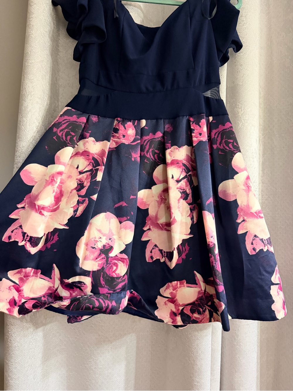 Xscape Navy Skater Skirt with Pink Floral Print